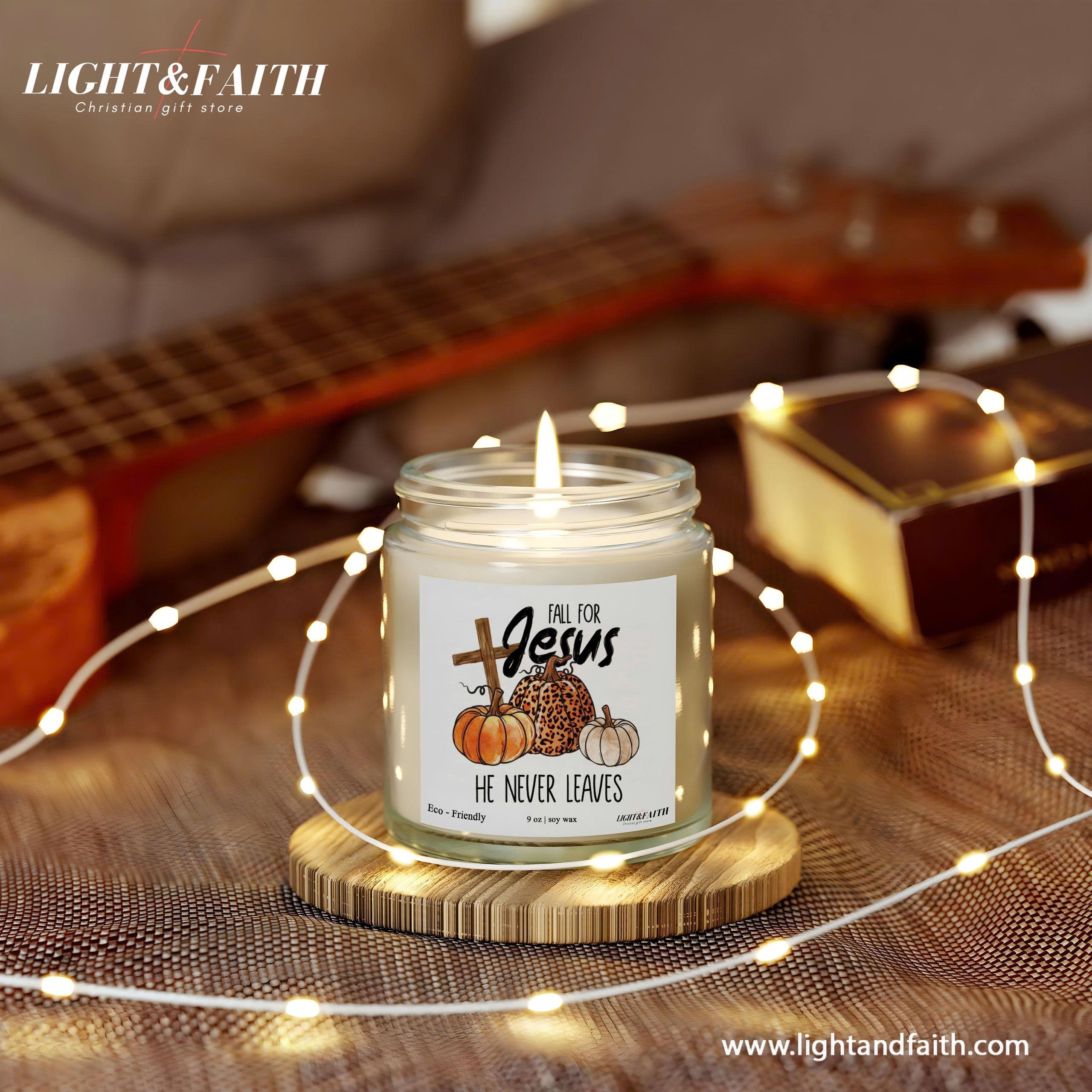 Fall for Jesus Candle, Inspirational Christian Candle, He Never Leaves, Autumn Pumpkin Design, Uplifting Gift for Fall CDLAF32